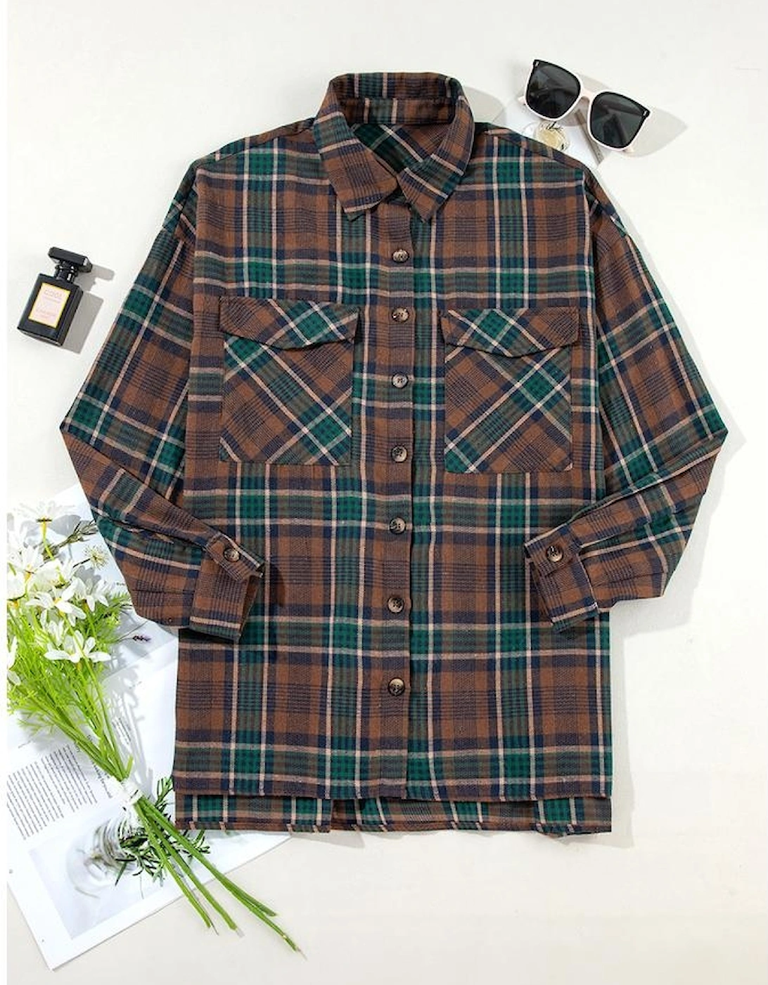 Brown Plaid Print Chest Pockets Buttoned Shirt Jacket