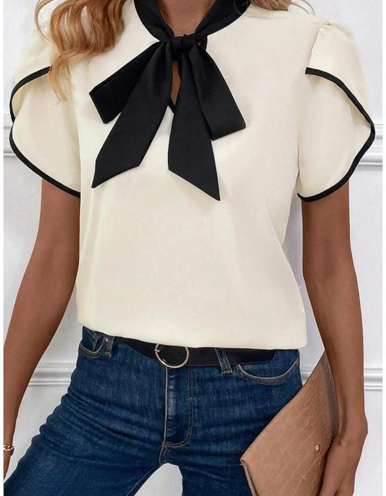 White Bow Knot Neckline Contrast Stripe Short Sleeve Blouse