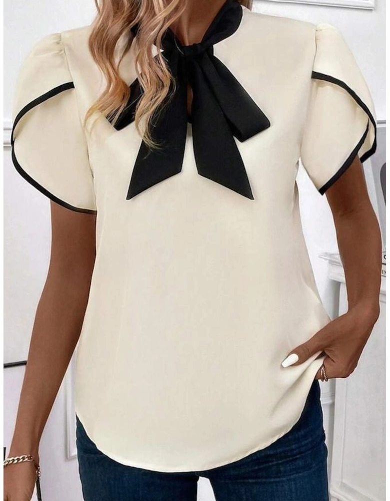 White Bow Knot Neckline Contrast Stripe Short Sleeve Blouse