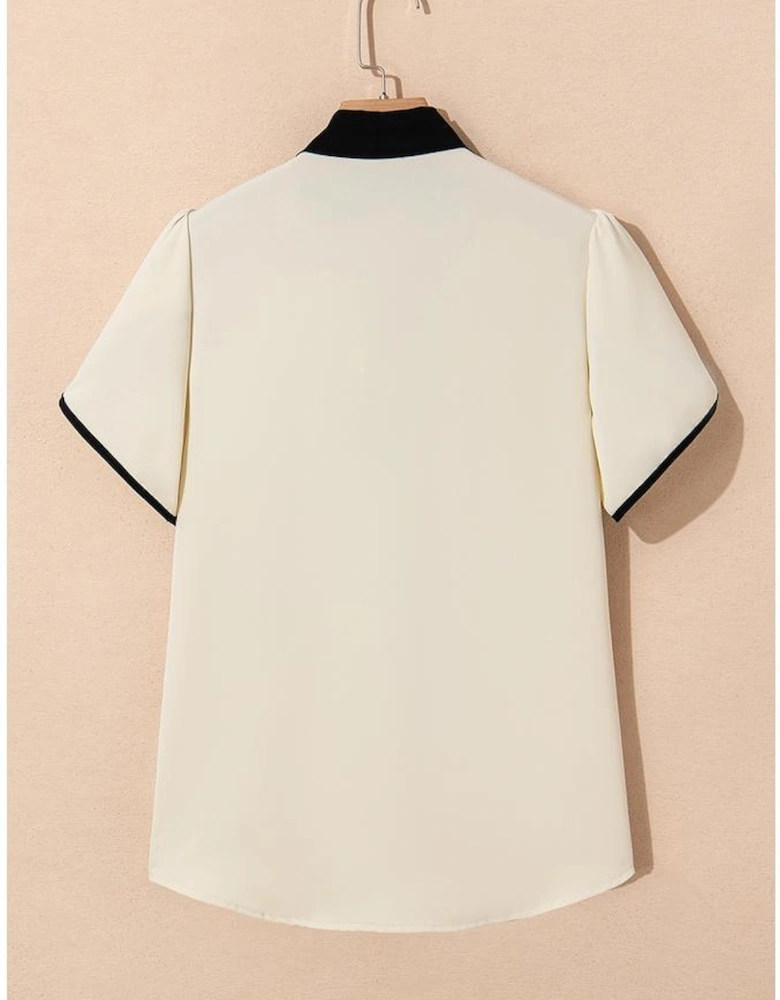 White Bow Knot Neckline Contrast Stripe Short Sleeve Blouse