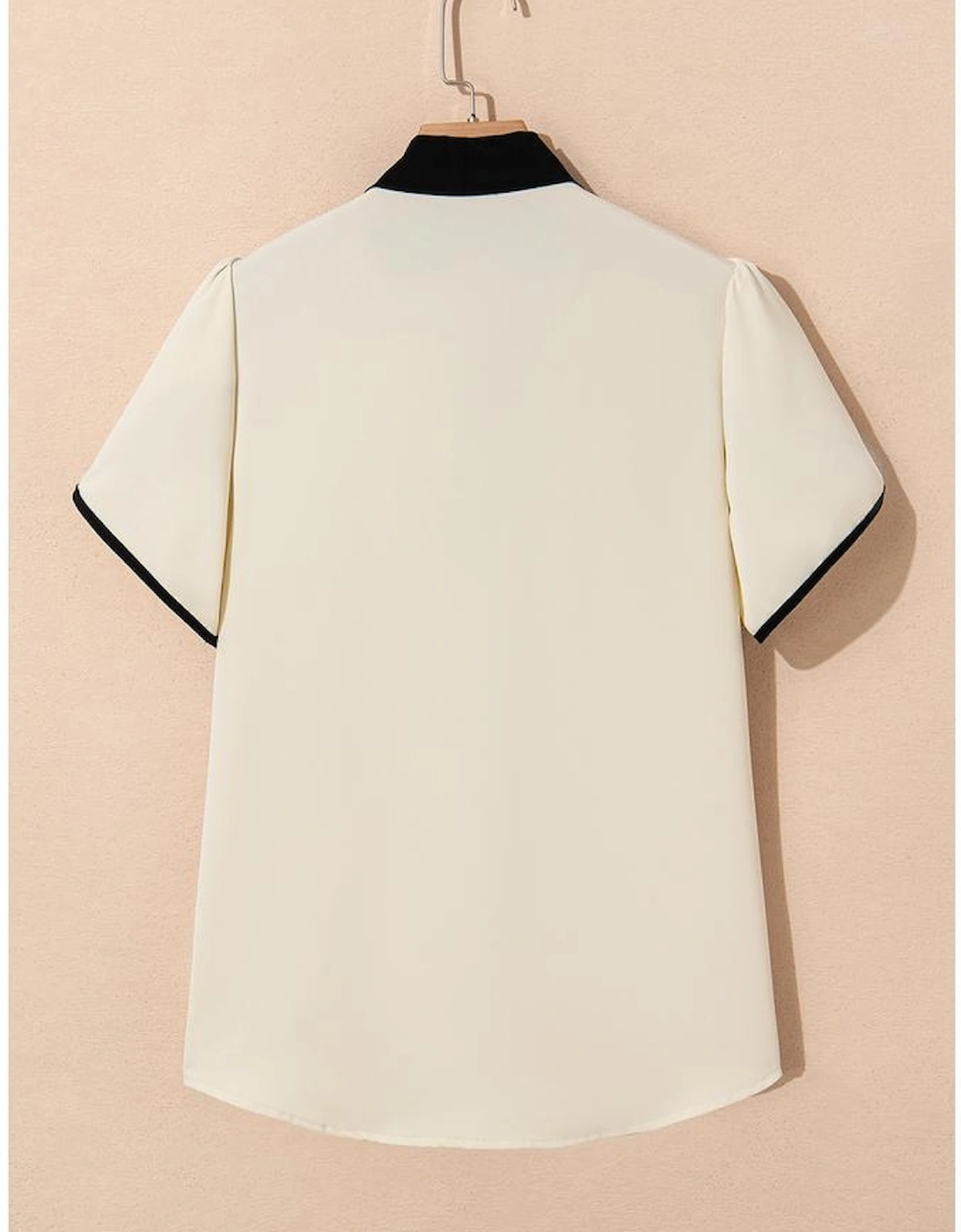 White Bow Knot Neckline Contrast Stripe Short Sleeve Blouse