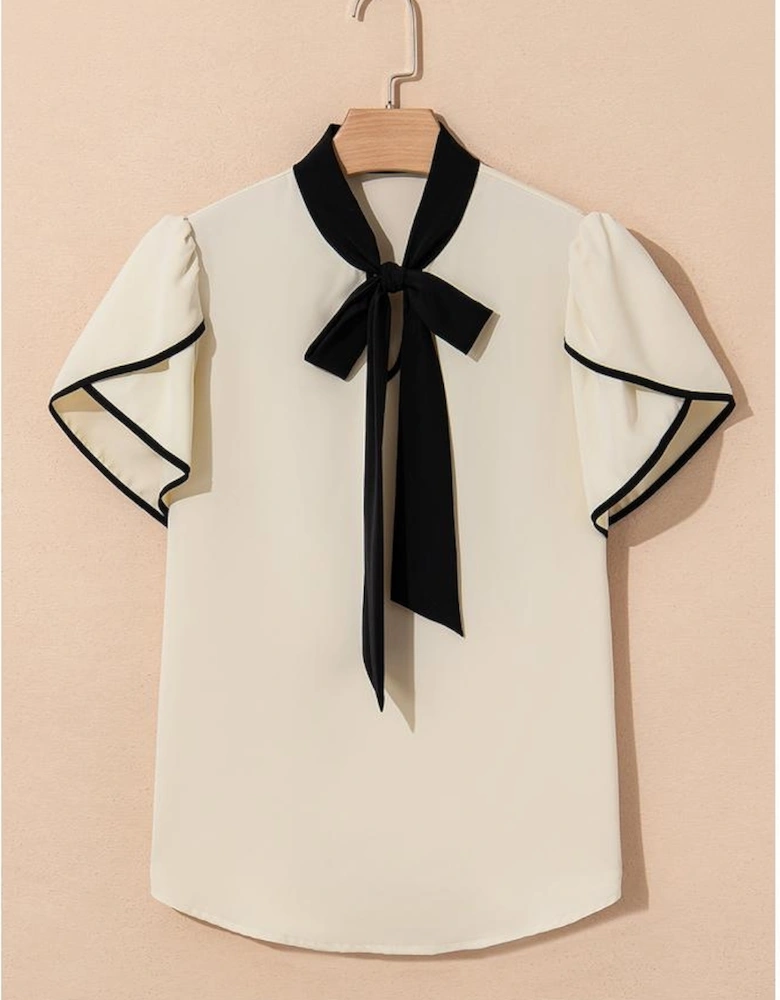 White Bow Knot Neckline Contrast Stripe Short Sleeve Blouse