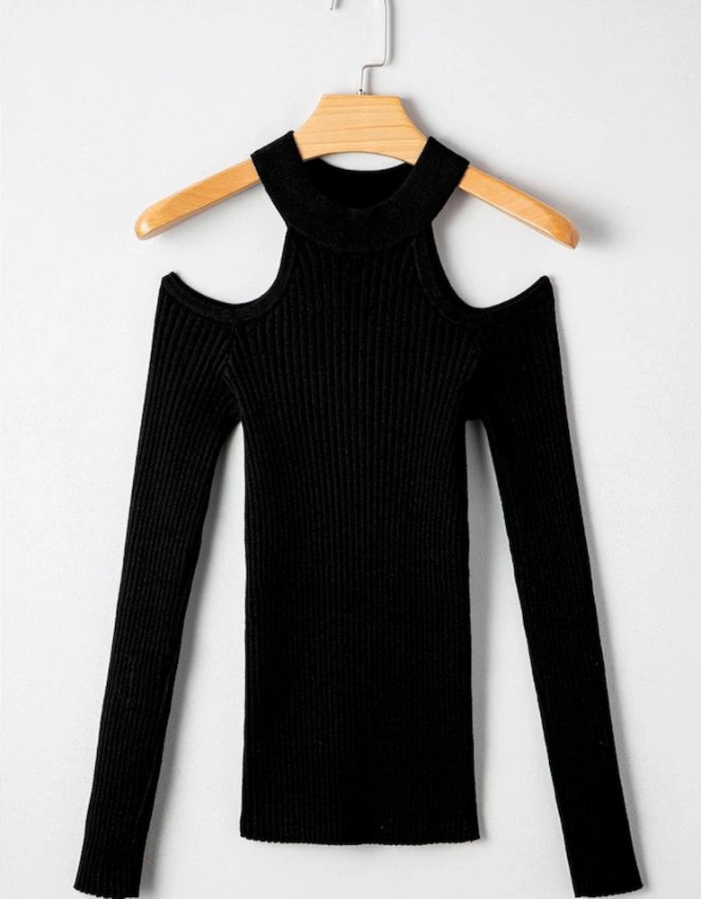 Black Ribbed Knit Cold Shoulder Choker Neck Sweater
