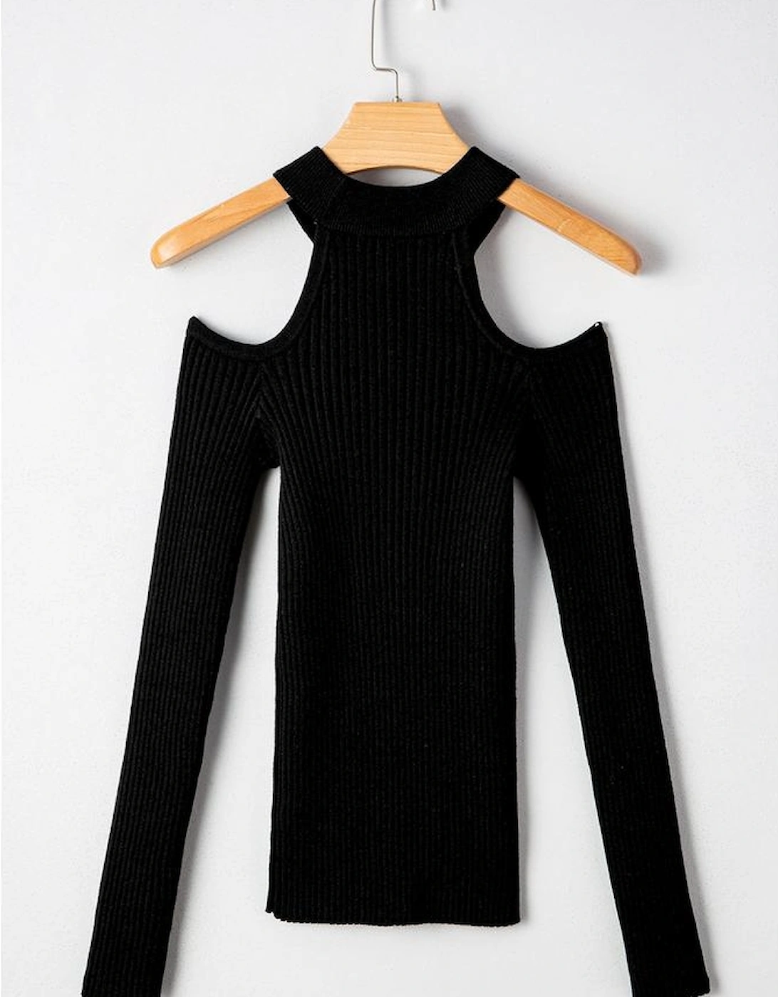 Black Ribbed Knit Cold Shoulder Choker Neck Sweater