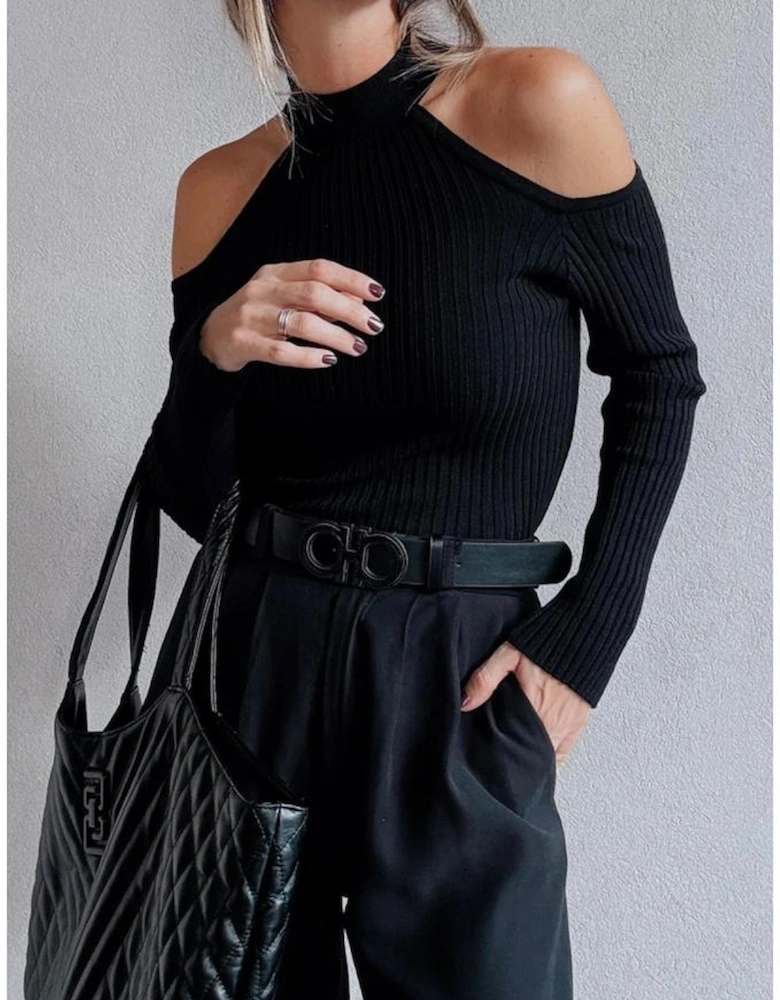 Black Ribbed Knit Cold Shoulder Choker Neck Sweater