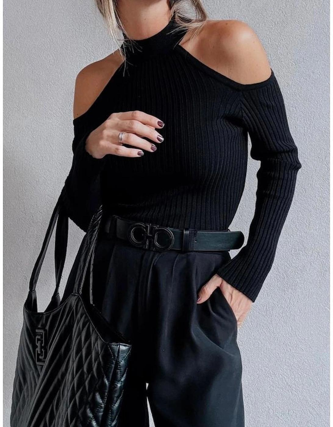 Black Ribbed Knit Cold Shoulder Choker Neck Sweater