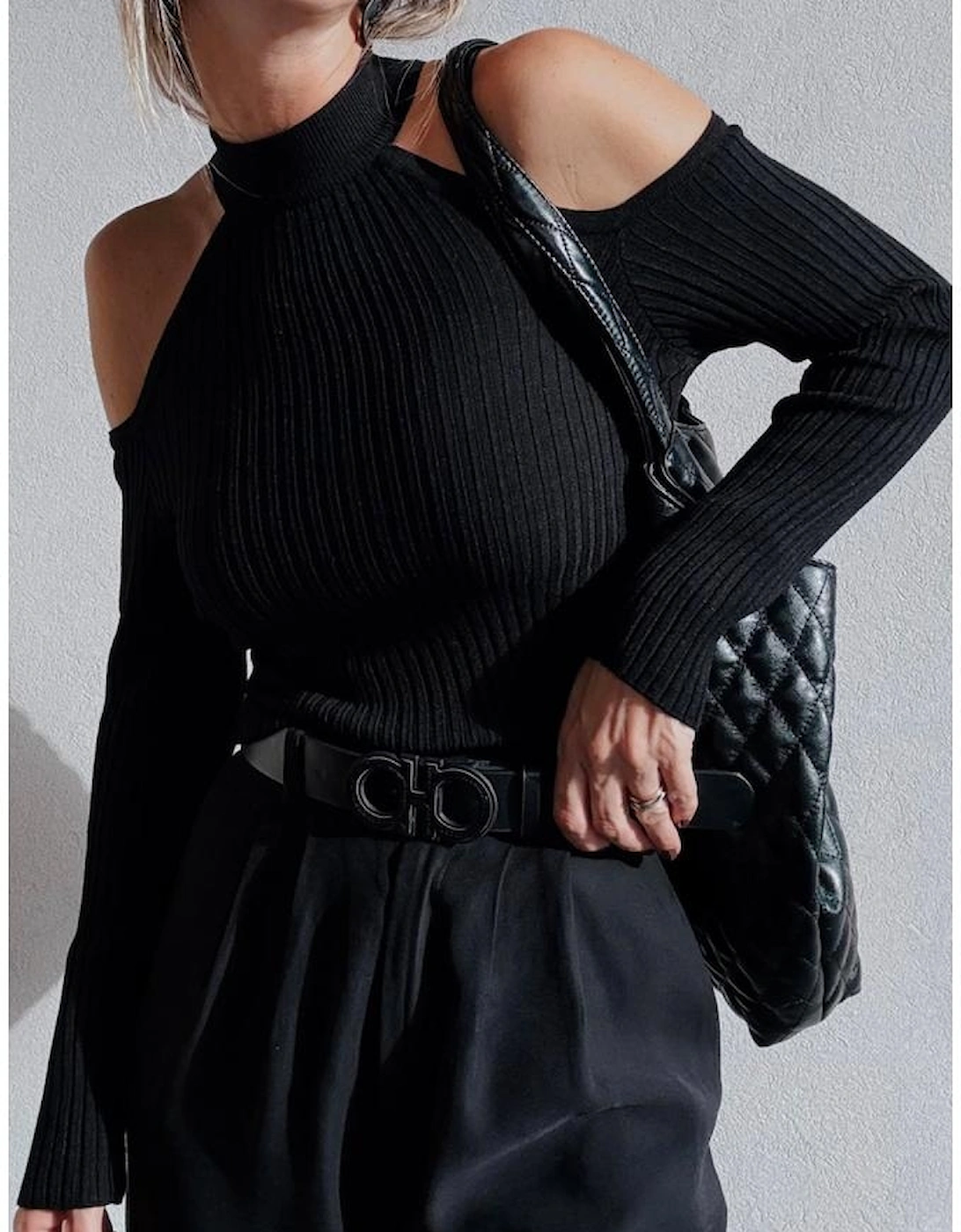 Black Ribbed Knit Cold Shoulder Choker Neck Sweater