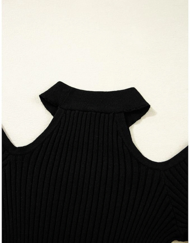 Black Ribbed Knit Cold Shoulder Choker Neck Sweater