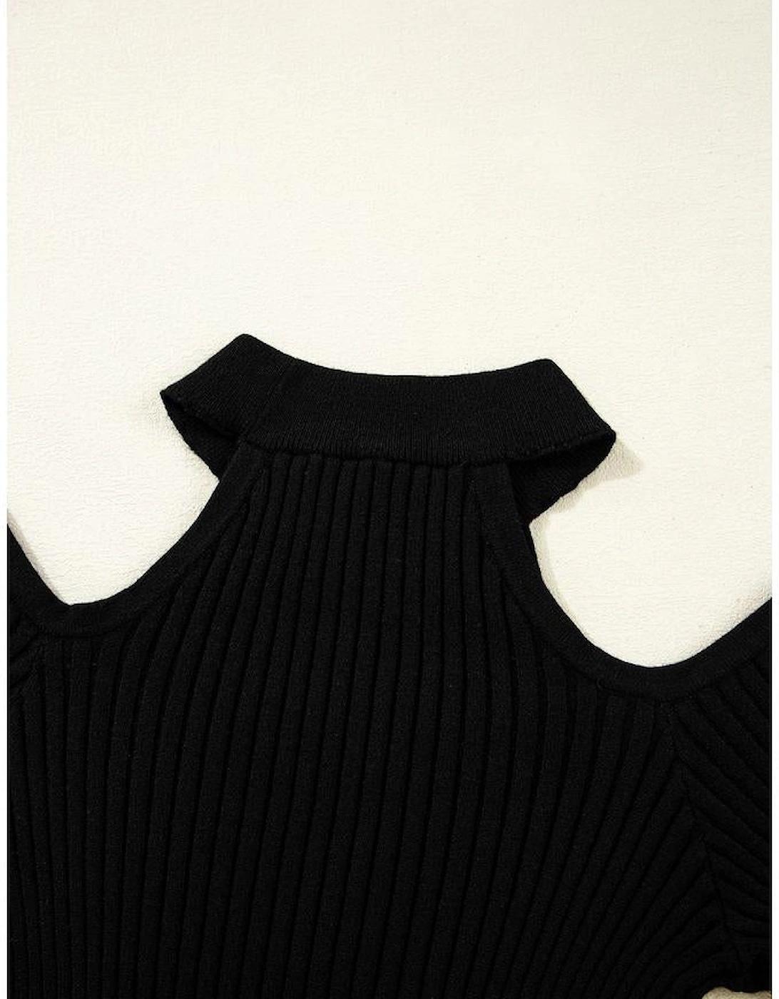 Black Ribbed Knit Cold Shoulder Choker Neck Sweater