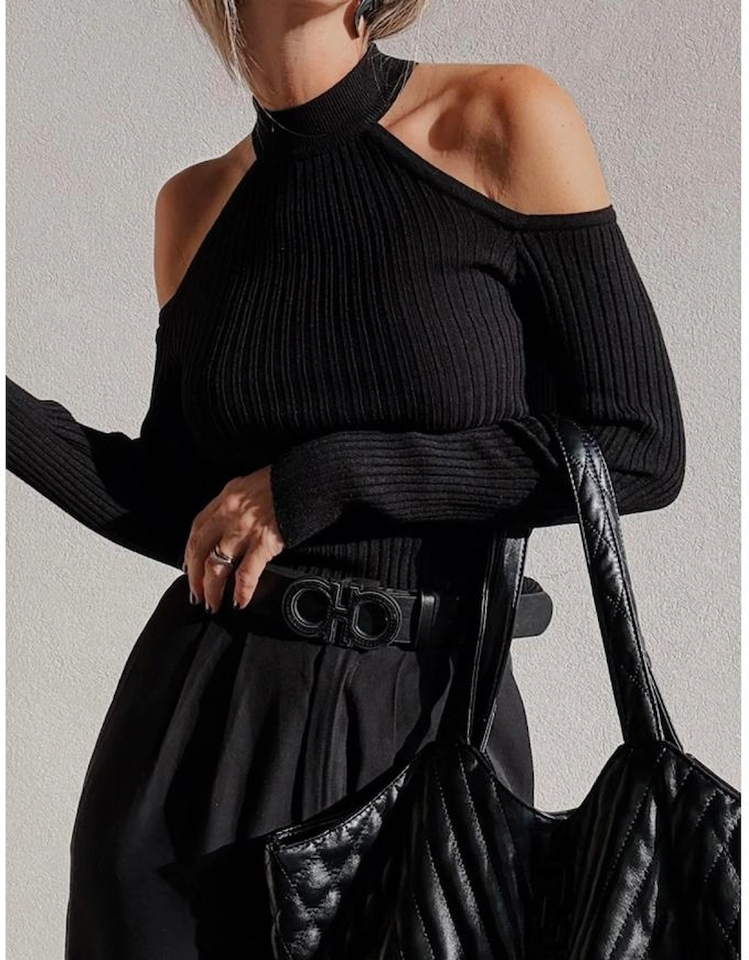 Black Ribbed Knit Cold Shoulder Choker Neck Sweater