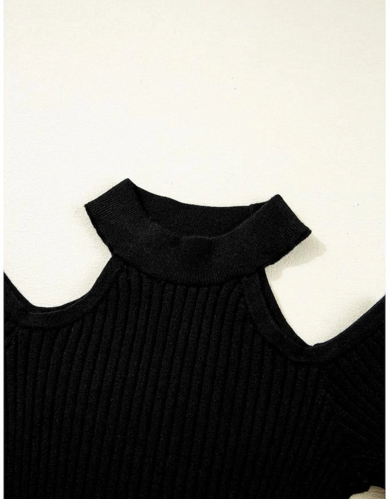 Black Ribbed Knit Cold Shoulder Choker Neck Sweater
