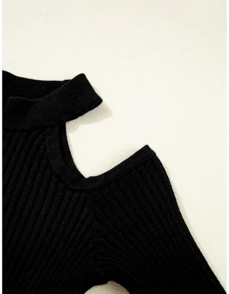 Black Ribbed Knit Cold Shoulder Choker Neck Sweater