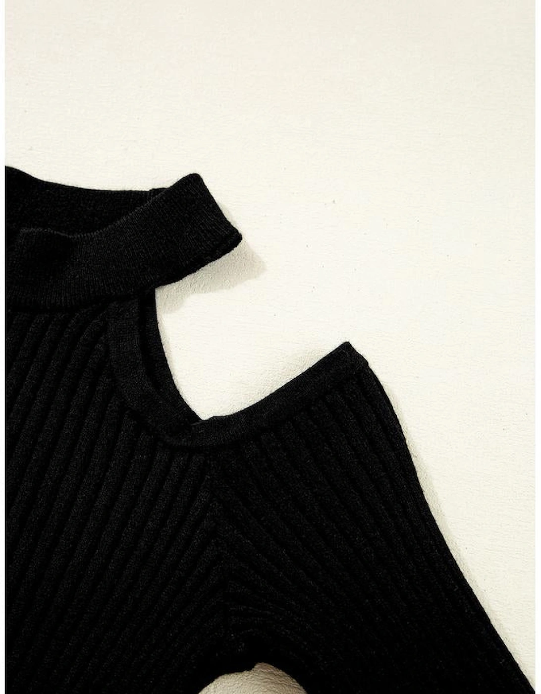 Black Ribbed Knit Cold Shoulder Choker Neck Sweater