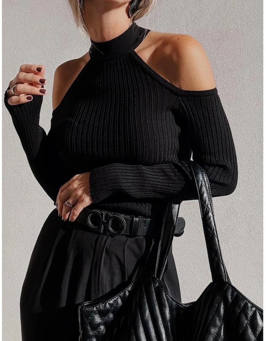 Black Ribbed Knit Cold Shoulder Choker Neck Sweater, 12 of 11