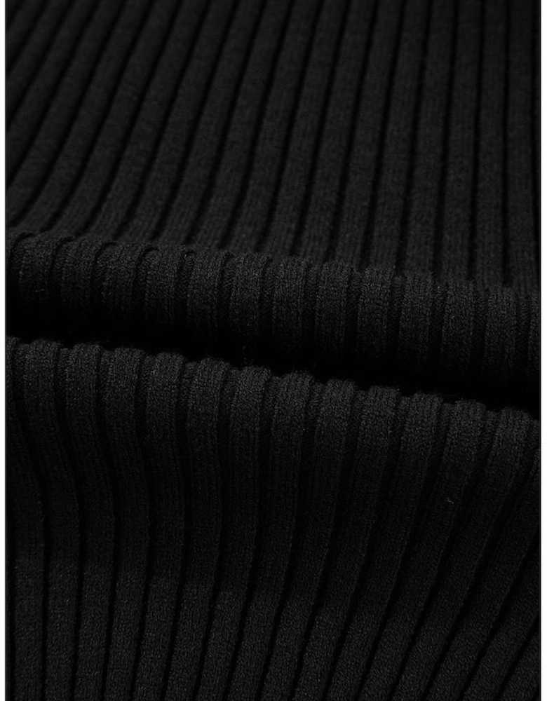 Black Ribbed Knit Cold Shoulder Choker Neck Sweater