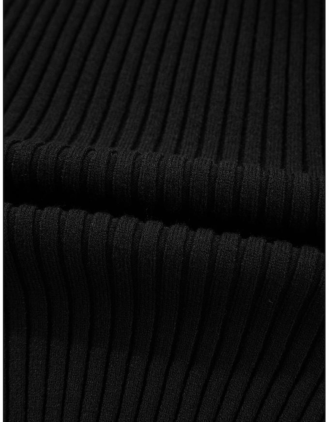 Black Ribbed Knit Cold Shoulder Choker Neck Sweater