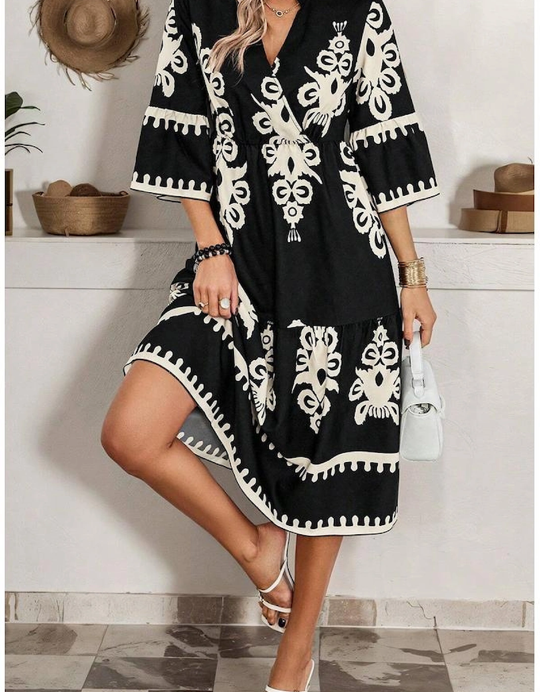 Black Western Geometric Print 3/4 Sleeve Loose Midi Dress, 12 of 11
