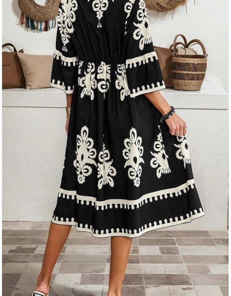 Black Western Geometric Print 3/4 Sleeve Loose Midi Dress