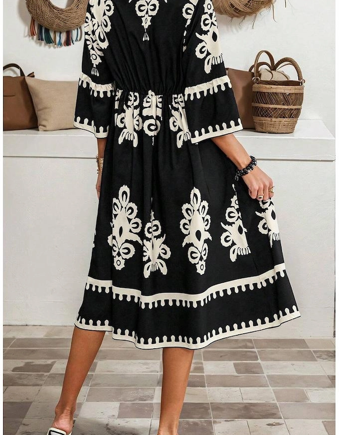 Black Western Geometric Print 3/4 Sleeve Loose Midi Dress