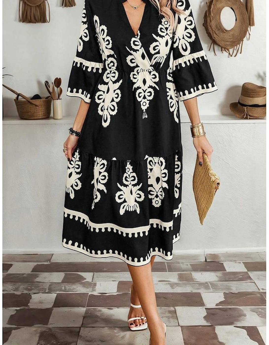 Black Western Geometric Print 3/4 Sleeve Loose Midi Dress