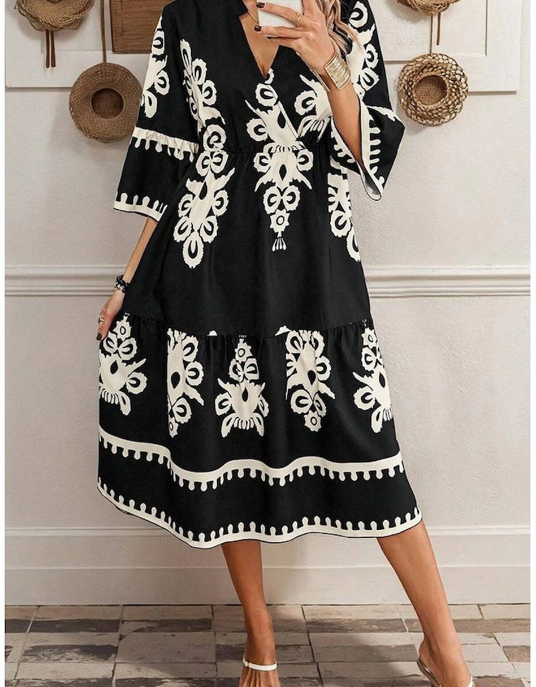 Black Western Geometric Print 3/4 Sleeve Loose Midi Dress