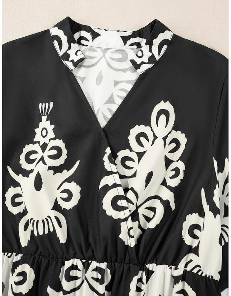 Black Western Geometric Print 3/4 Sleeve Loose Midi Dress