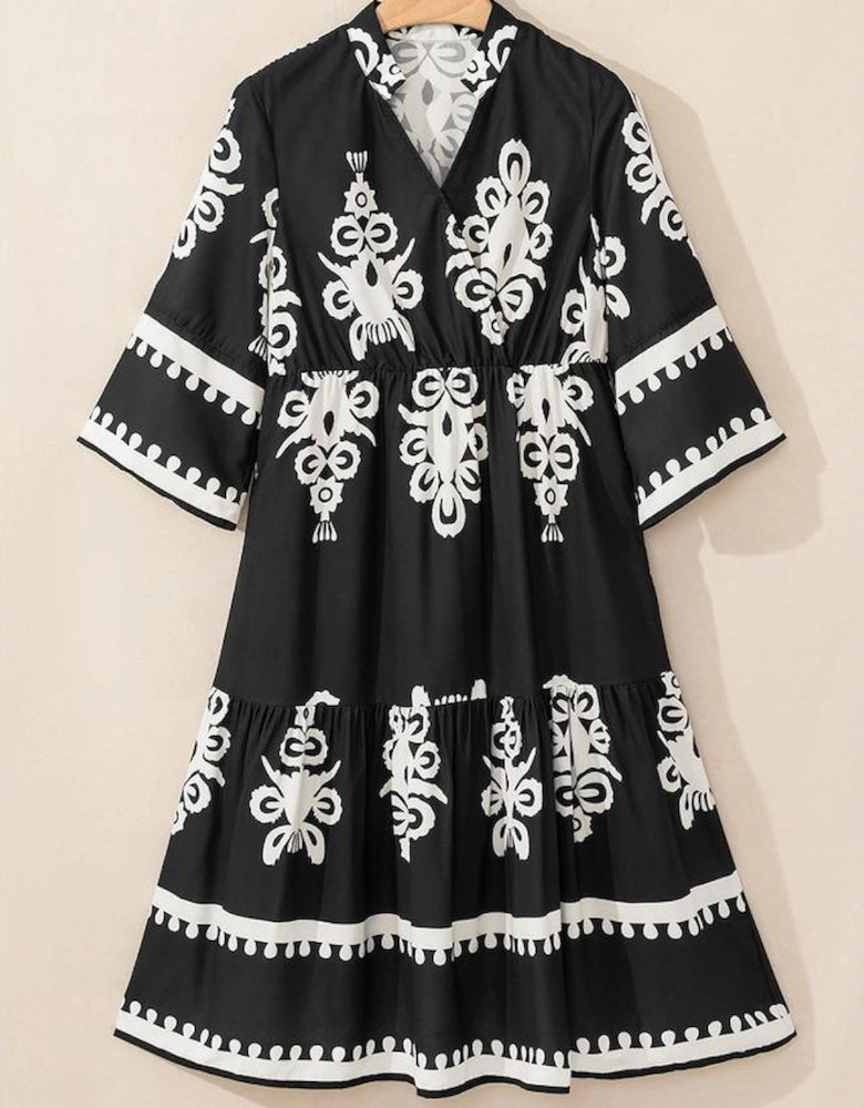 Black Western Geometric Print 3/4 Sleeve Loose Midi Dress