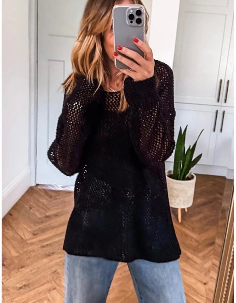 Black Crochet Hollow-out Jumper Top Sweater