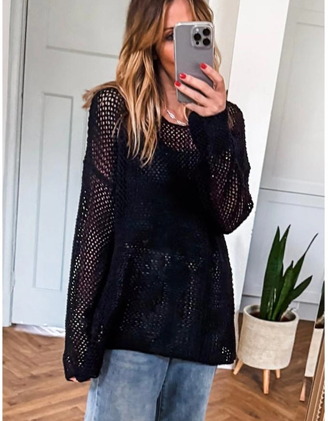 Black Crochet Hollow-out Jumper Top Sweater