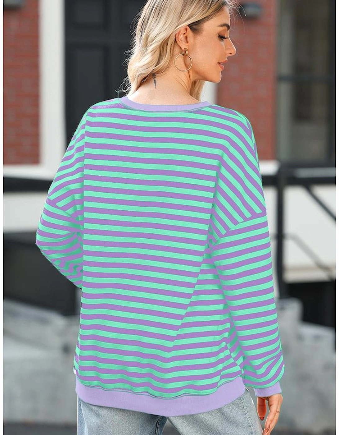 Blue Stripe Contrast Ribbed Trim Crossed Stitch Drop Shoulder Sweatshirt