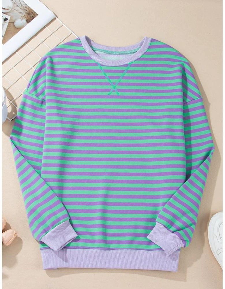 Blue Stripe Contrast Ribbed Trim Crossed Stitch Drop Shoulder Sweatshirt