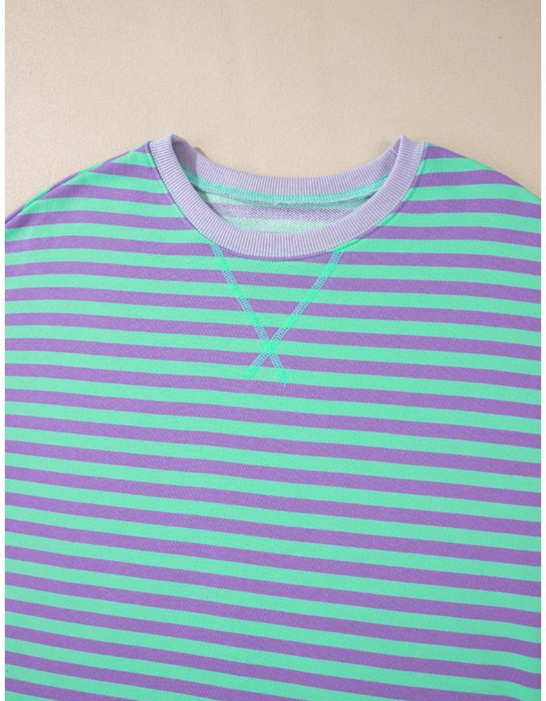 Blue Stripe Contrast Ribbed Trim Crossed Stitch Drop Shoulder Sweatshirt