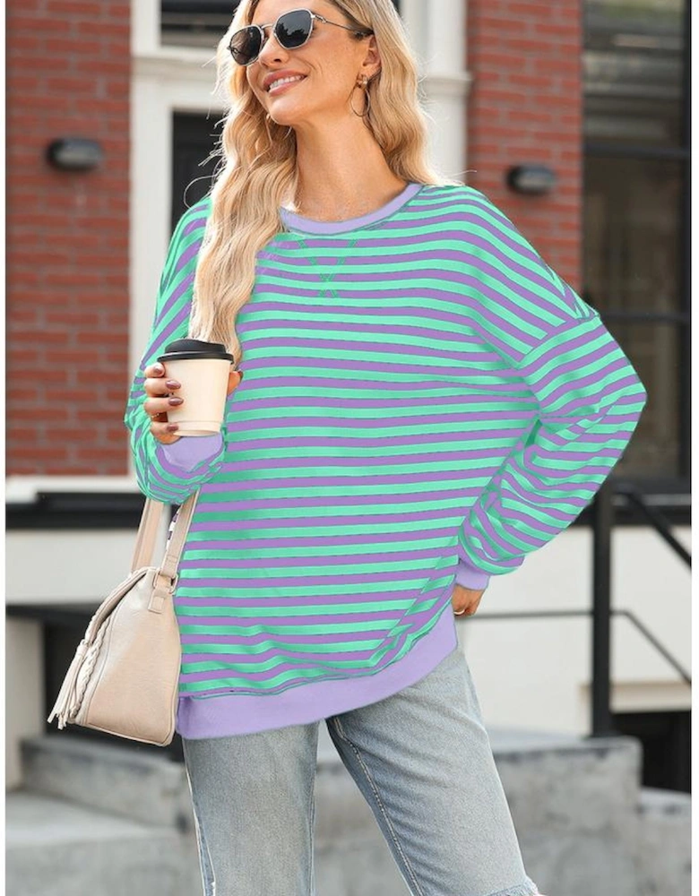 Blue Stripe Contrast Ribbed Trim Crossed Stitch Drop Shoulder Sweatshirt