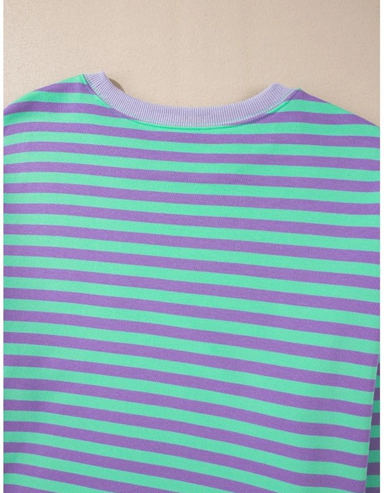 Blue Stripe Contrast Ribbed Trim Crossed Stitch Drop Shoulder Sweatshirt