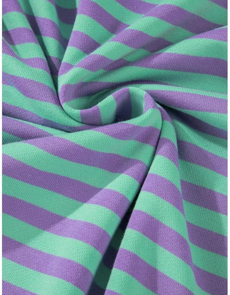 Blue Stripe Contrast Ribbed Trim Crossed Stitch Drop Shoulder Sweatshirt