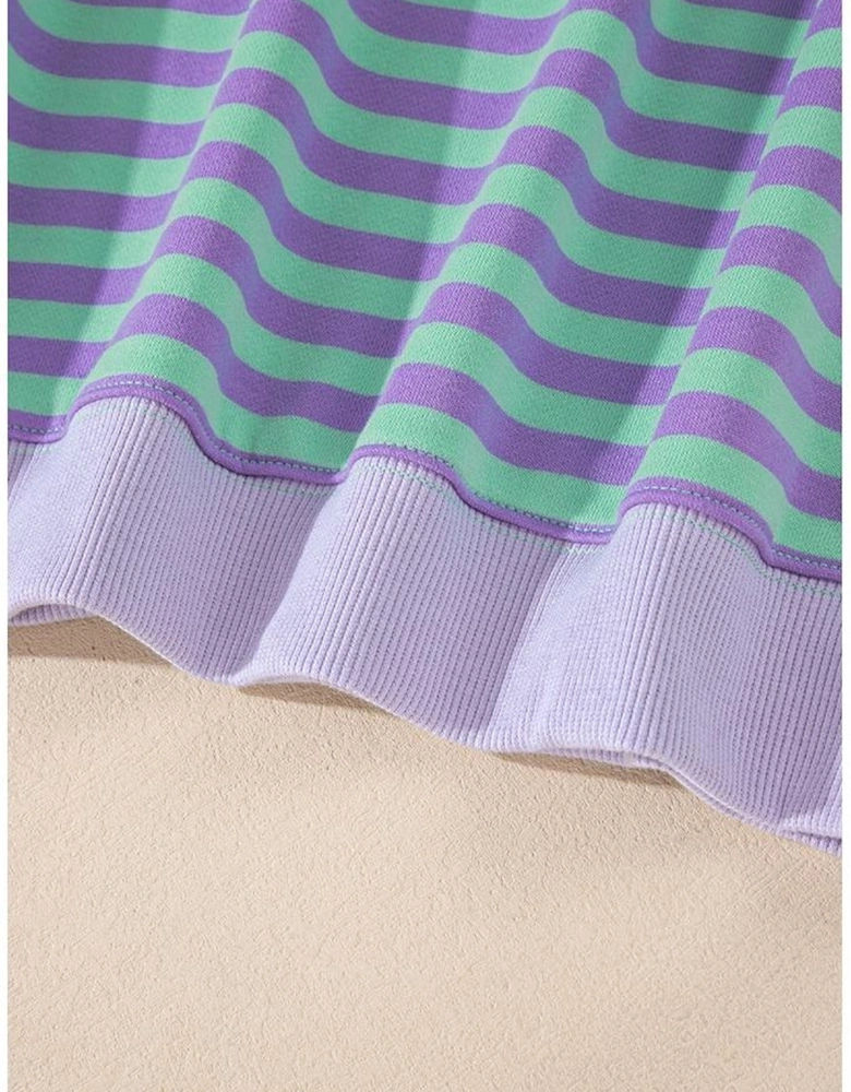 Blue Stripe Contrast Ribbed Trim Crossed Stitch Drop Shoulder Sweatshirt