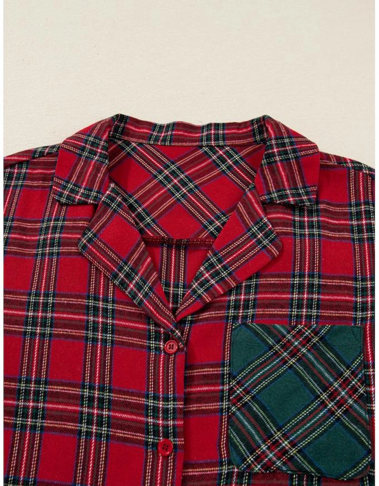 Red Plaid Contrast Patched Christmas Holiday Long Sleeve Shirt and Short 2pcs Pajama Set