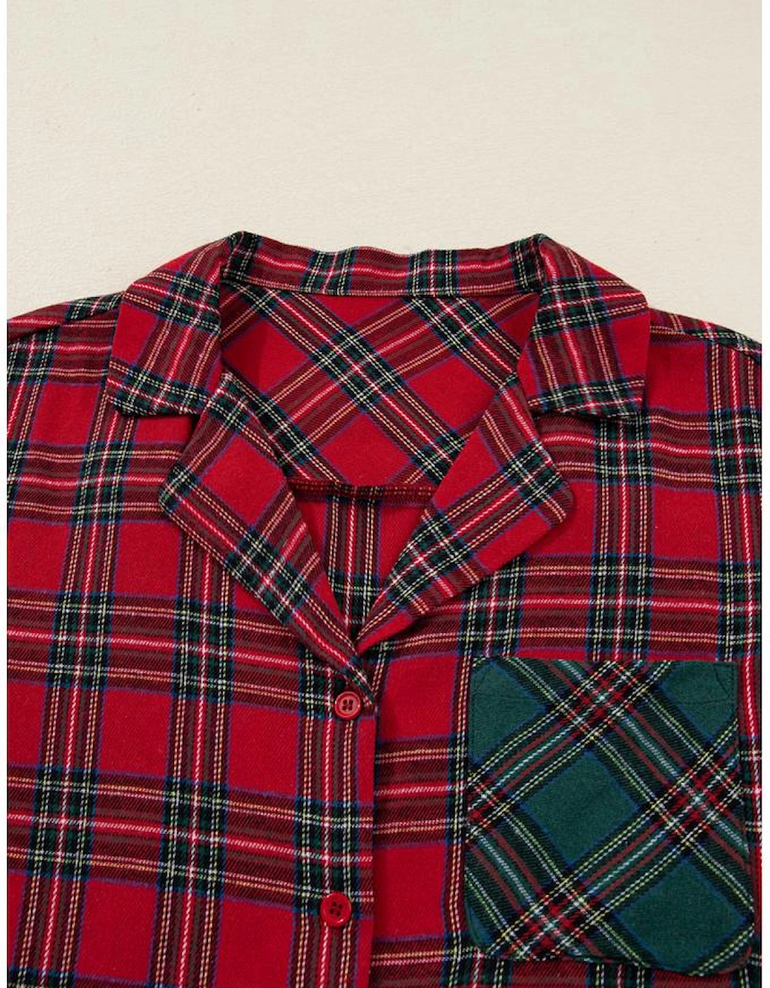 Red Plaid Contrast Patched Christmas Holiday Long Sleeve Shirt and Short 2pcs Pajama Set