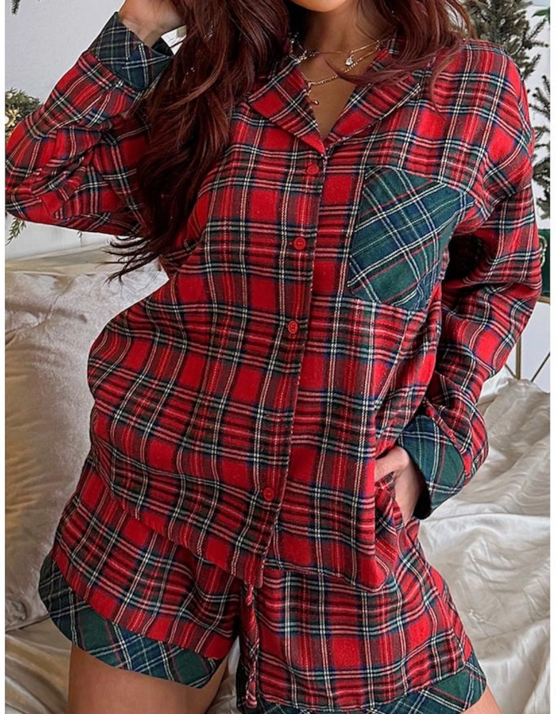 Red Plaid Contrast Patched Christmas Holiday Long Sleeve Shirt and Short 2pcs Pajama Set