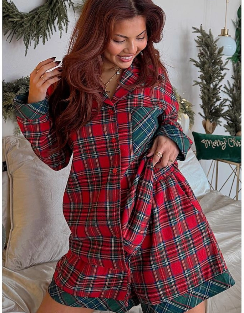 Red Plaid Contrast Patched Christmas Holiday Long Sleeve Shirt and Short 2pcs Pajama Set