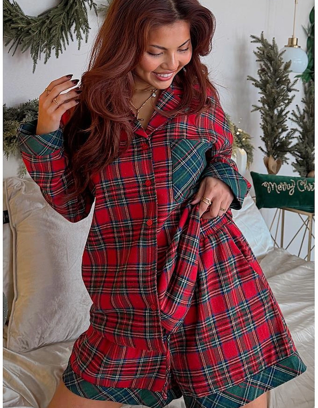 Red Plaid Contrast Patched Christmas Holiday Long Sleeve Shirt and Short 2pcs Pajama Set