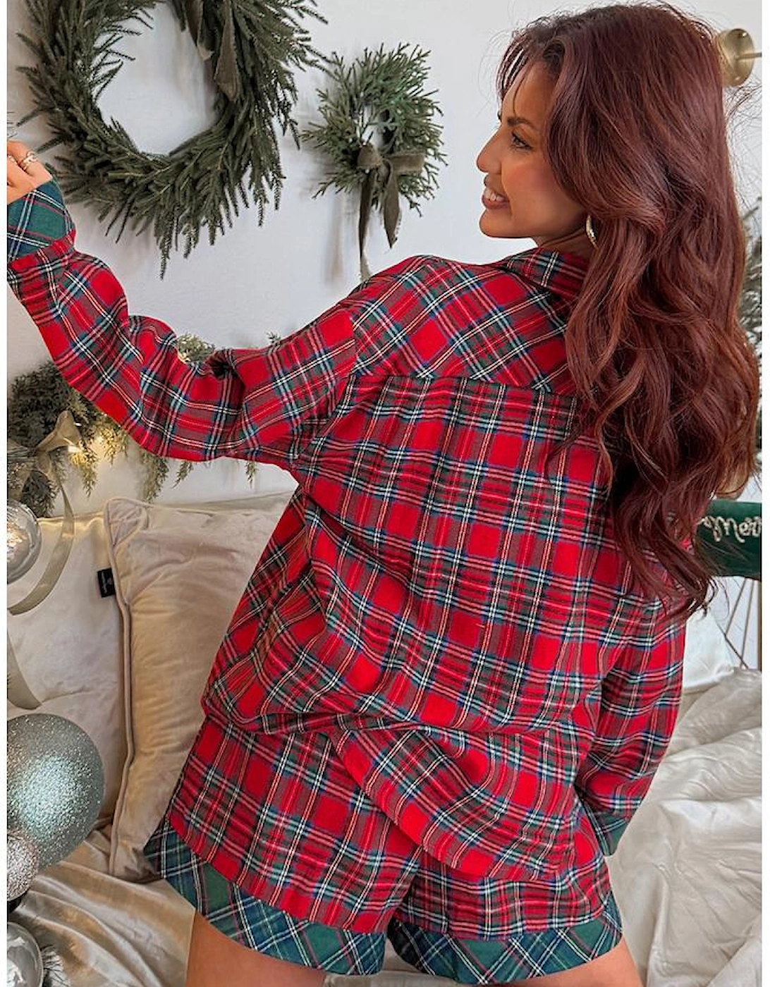 Red Plaid Contrast Patched Christmas Holiday Long Sleeve Shirt and Short 2pcs Pajama Set, 16 of 15