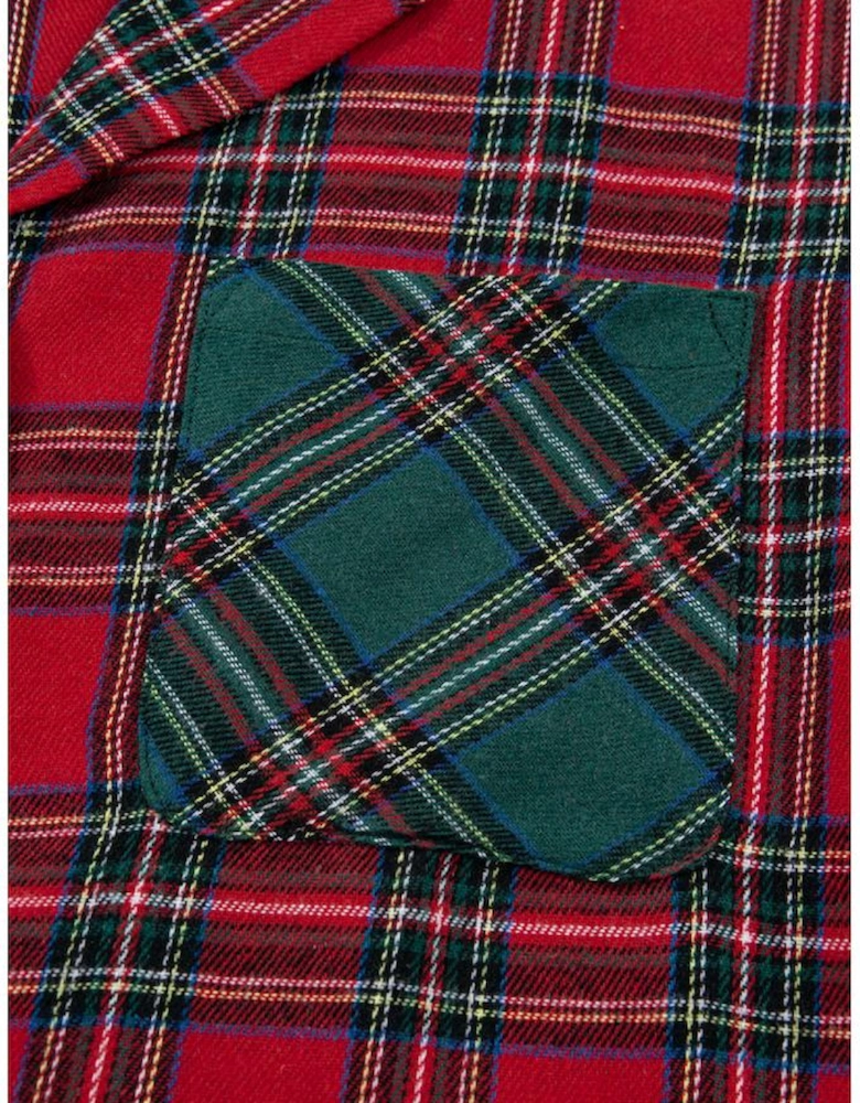 Red Plaid Contrast Patched Christmas Holiday Long Sleeve Shirt and Short 2pcs Pajama Set