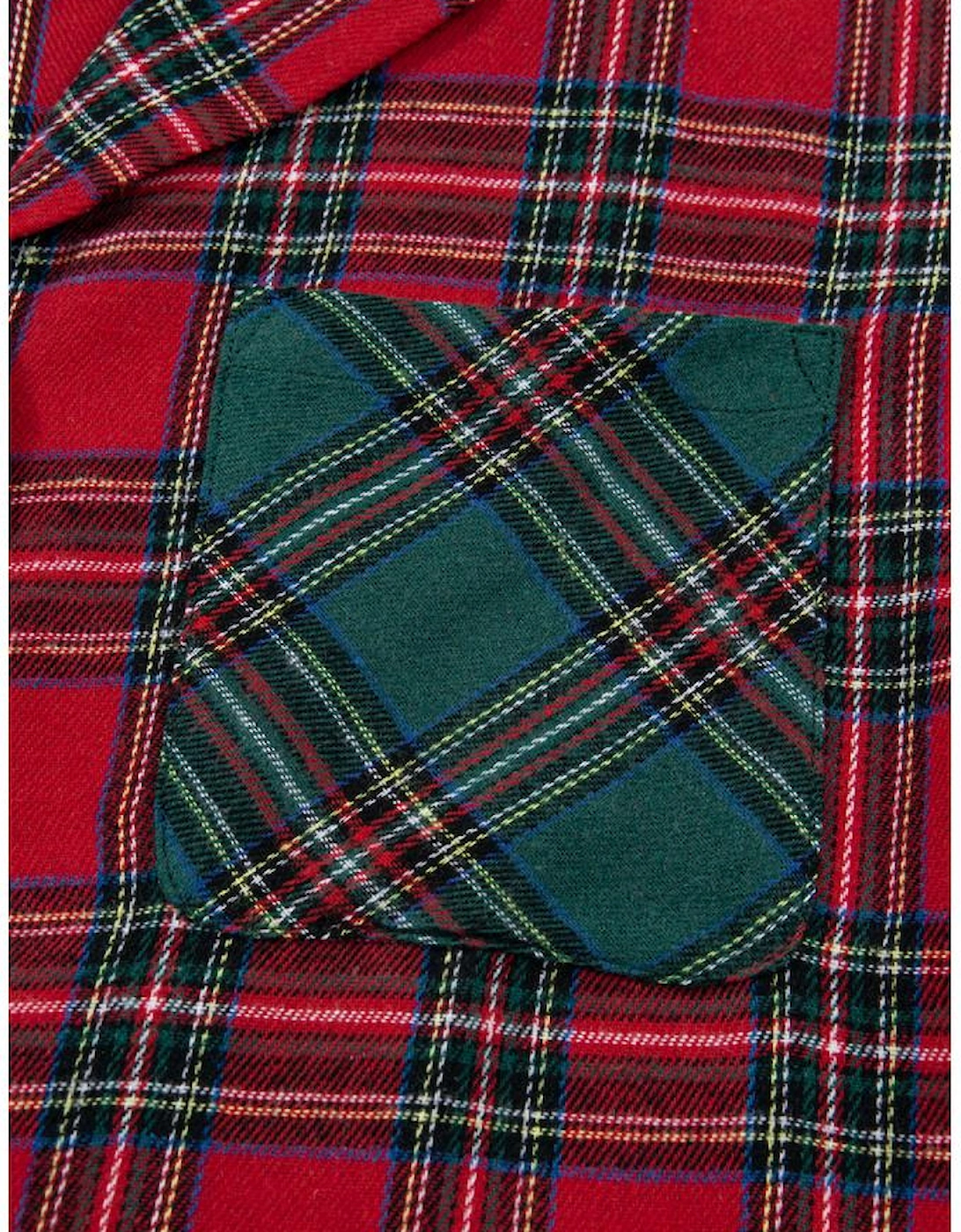 Red Plaid Contrast Patched Christmas Holiday Long Sleeve Shirt and Short 2pcs Pajama Set