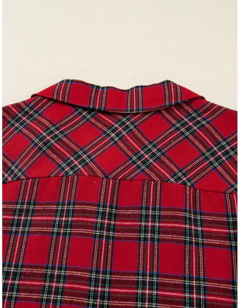 Red Plaid Contrast Patched Christmas Holiday Long Sleeve Shirt and Short 2pcs Pajama Set