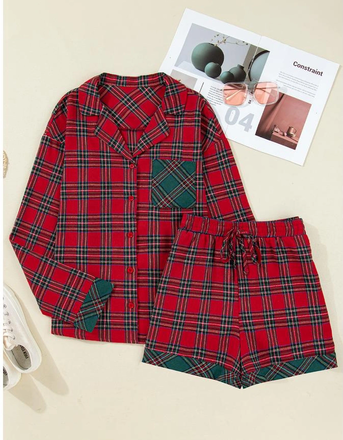 Red Plaid Contrast Patched Christmas Holiday Long Sleeve Shirt and Short 2pcs Pajama Set