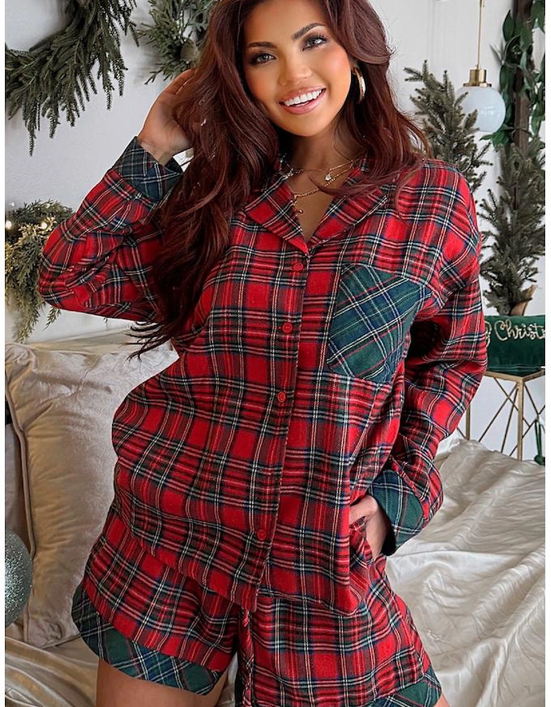 Red Plaid Contrast Patched Christmas Holiday Long Sleeve Shirt and Short 2pcs Pajama Set