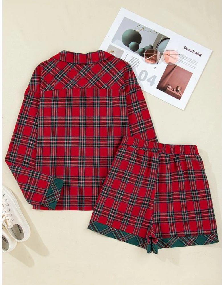 Red Plaid Contrast Patched Christmas Holiday Long Sleeve Shirt and Short 2pcs Pajama Set