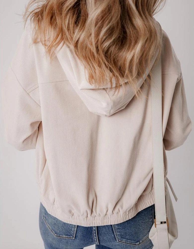 White Corduroy Drawstring Hooded Pocket Zip Up Jacket