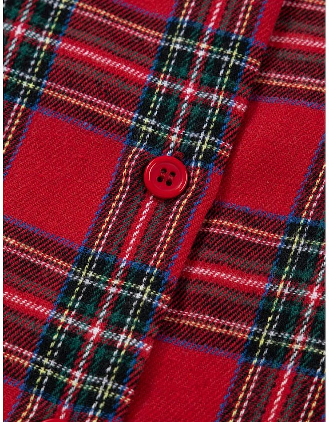 Red Plaid Contrast Patched Christmas Holiday Long Sleeve Shirt and Short 2pcs Pajama Set